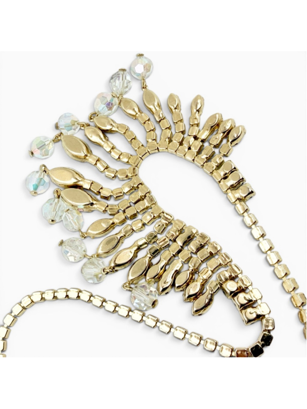 Vintage Aurora Borealis Rhinestone Necklace Gold Tone Fringe Bib Austrian Style - Picture 4 of 9